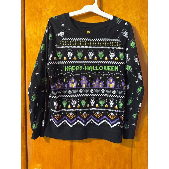 Halloween Graphic Sweatshirt XXL Black Monsters Haunted Houses Spooky - Picture 1 of 6